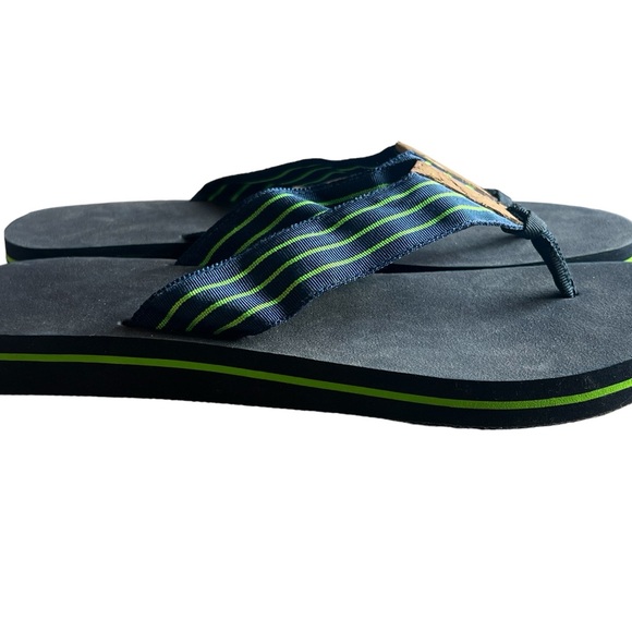 Navy Blue And Green Stripe Ribbon Flip Flop Sandals - Picture 10 of 11